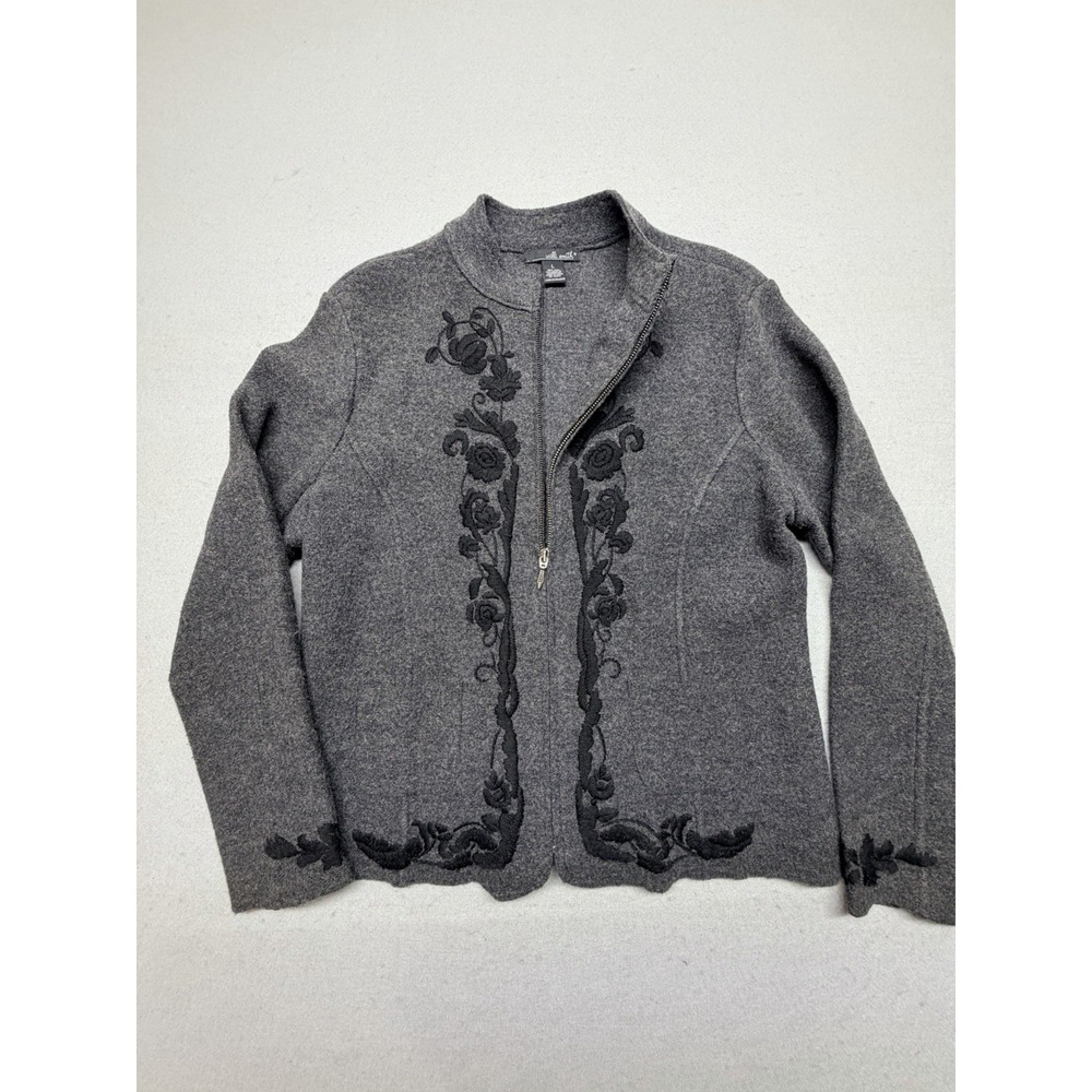 Willi Smith 100% Wool Jacket Womens Gray Black Embroidered Zip Artsy Boho Large